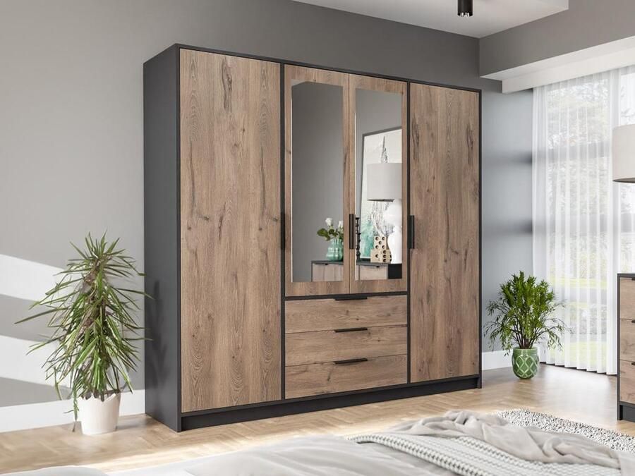 Vente-unique Kast met 4 deuren en 3 lades Met spiegels L196 cm Kleuren: houtlook en zwart LAMIKI L 196 cm x H 200 cm x D 58 cm - Foto 2