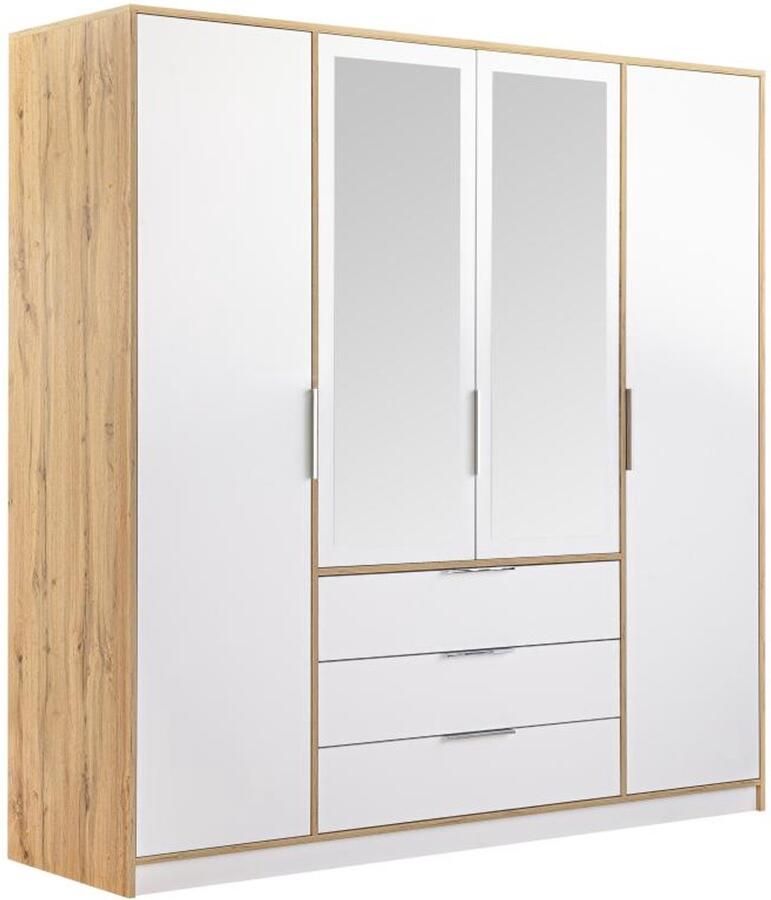 Vente-unique Kast met 4 deuren en 3 lades Met spiegels L196 cm naturel en wit LAMIKI