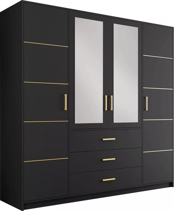 Vente-unique Kast met 4 deuren en 3 lades Met spiegels L196 cm Zwart en goudkleurig MONLIO L 196 cm x H 200 cm x D 58 cm