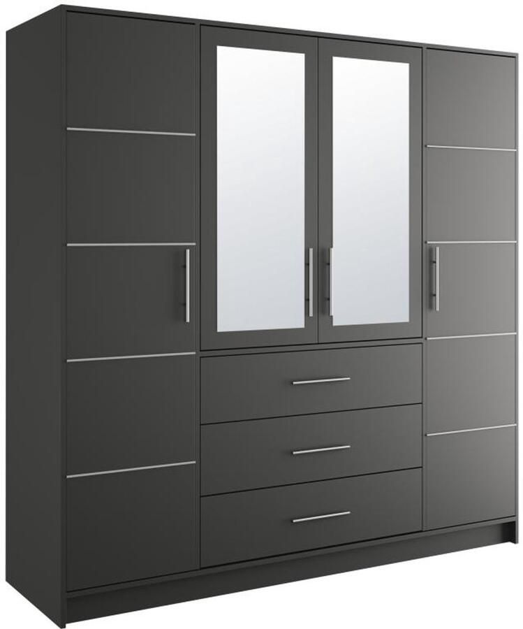 Vente-unique Kast met 4 deuren en 3 lades Met spiegels L196 cm Zwart en zilverkleurig MONLIO