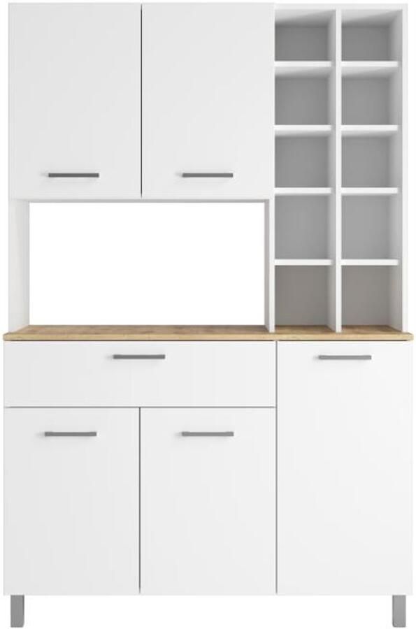 Vente-unique Keukenbuffet met 5 deuren 11 nissen en 1 lade Wit en licht naturel JACOBAYA L 120 cm x H 185 cm x D 50 cm