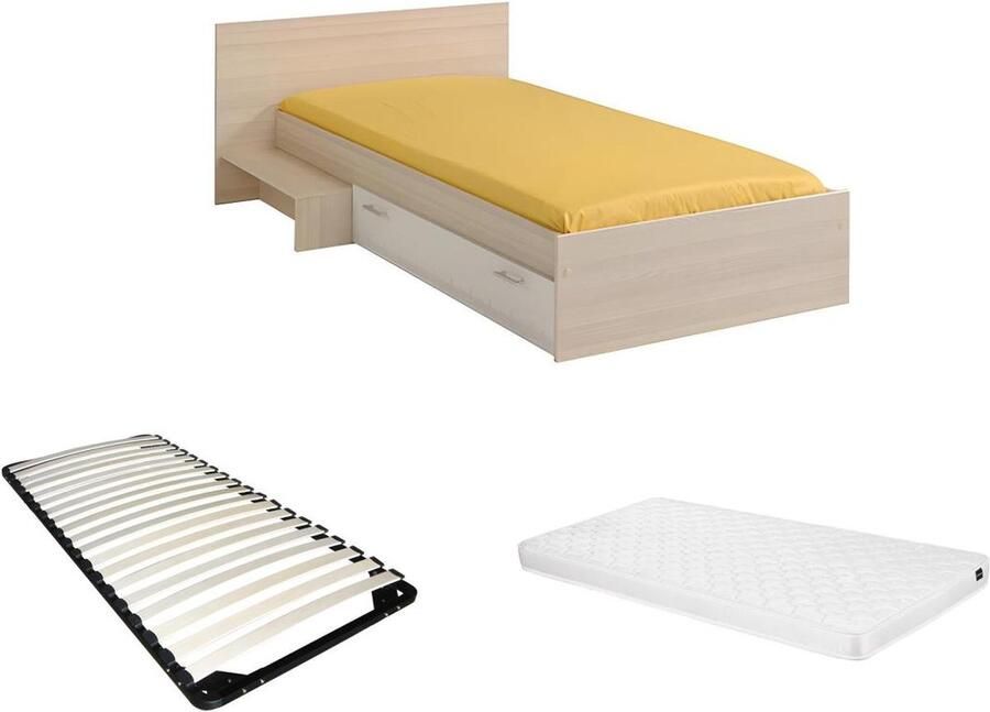 Vente-unique Kinderbed 1 lade 90 x 190 cm Eikenkleur & wit + bedbodem + matras IPLIA L 193 cm x H 66.6 cm x D 121 cm - Foto 2