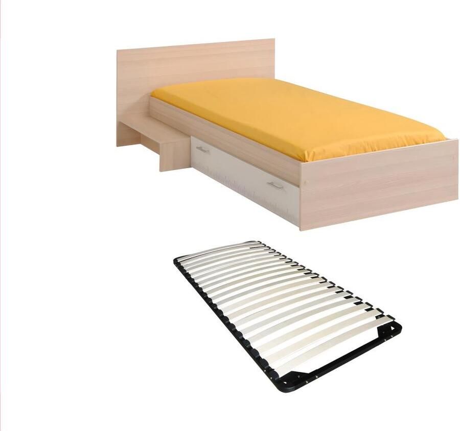 Vente-unique Kinderbed 90 x 190 cm met 1 lade Kleur : Naturel en wit + matras IPLIA L 193 cm x H 66.6 cm x D 121 cm