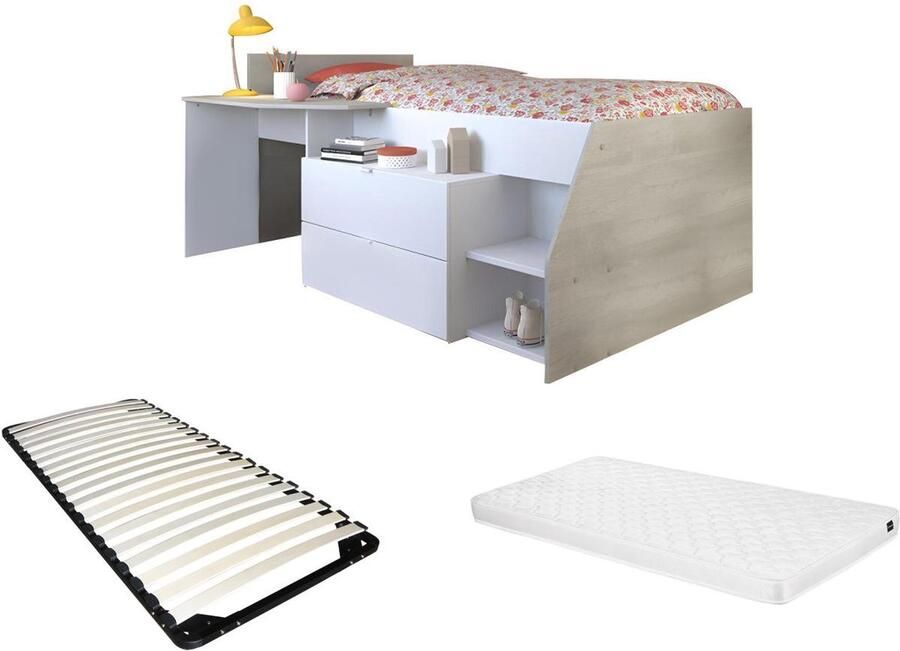 Vente-unique Kinderbed met bureau opbergruimte matras en bedbodem Wit & eiken 90 x 200 cm GISELE L 203 cm x H 90 cm x D 135 cm - Foto 2