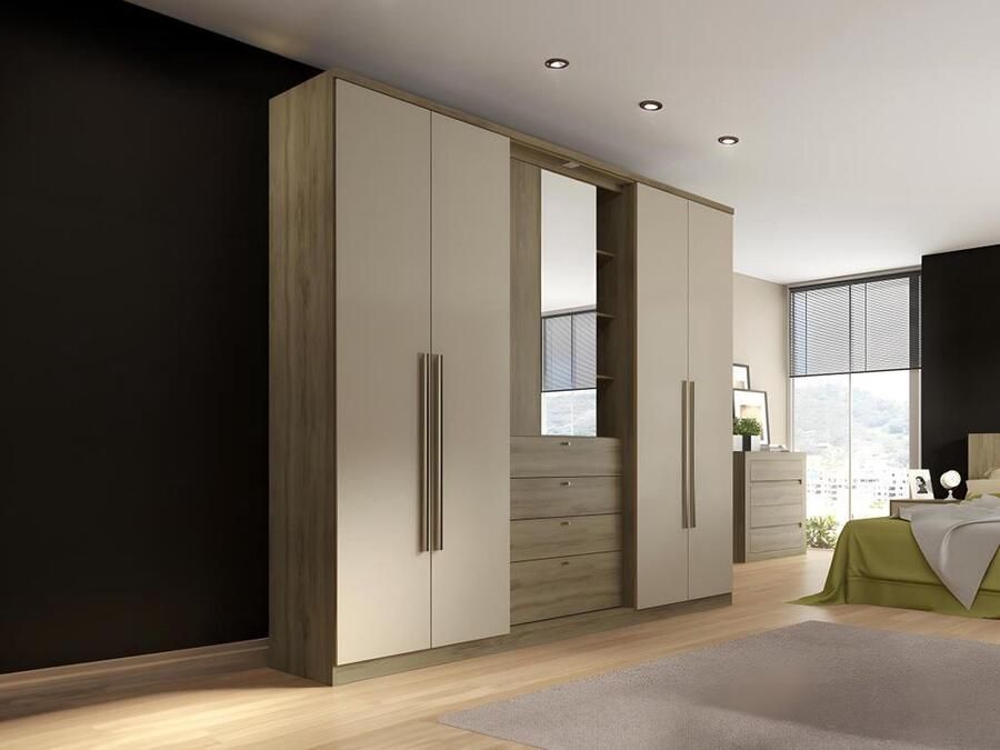 Vente-unique Kledingkast ISAK 4 deuren Spiegel en laden L240 cm Eiken en ivoorkleur L 240 cm x H 231 cm x D 53.8 cm - Foto 3