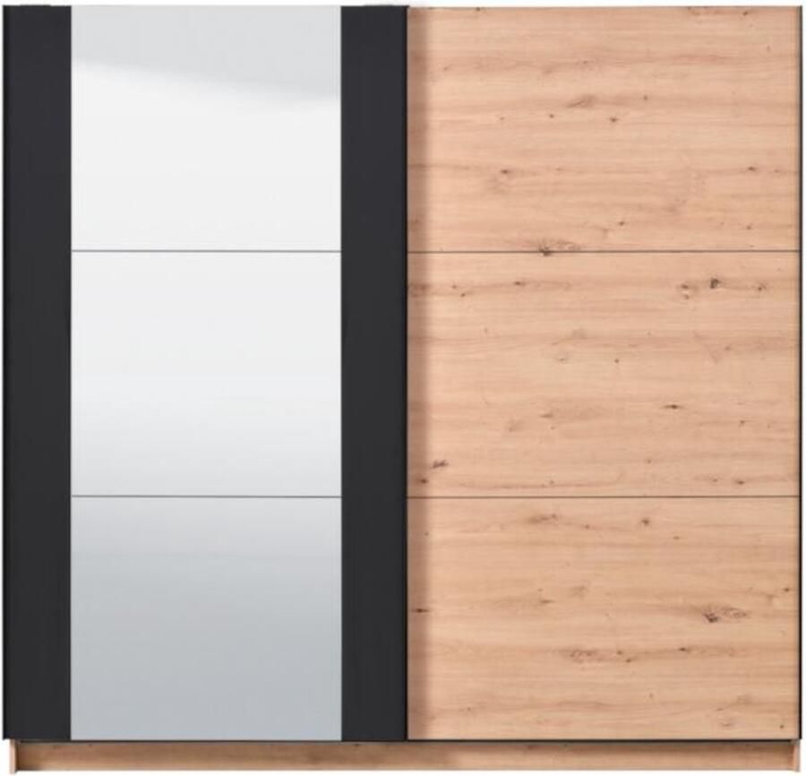 Vente-unique Kledingkast met 2 schuifdeuren PHILADELPHIE Met spiegel L217 cm Eiken en zwart L 217 cm x H 210 cm x D 62.5 cm