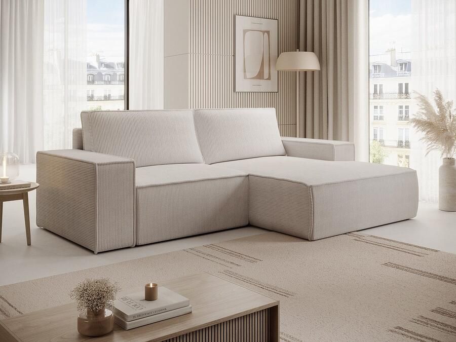 Vente-unique Kleine slaapbank met rechtse hoek in beige ribfluweel AMELIA - Foto 2