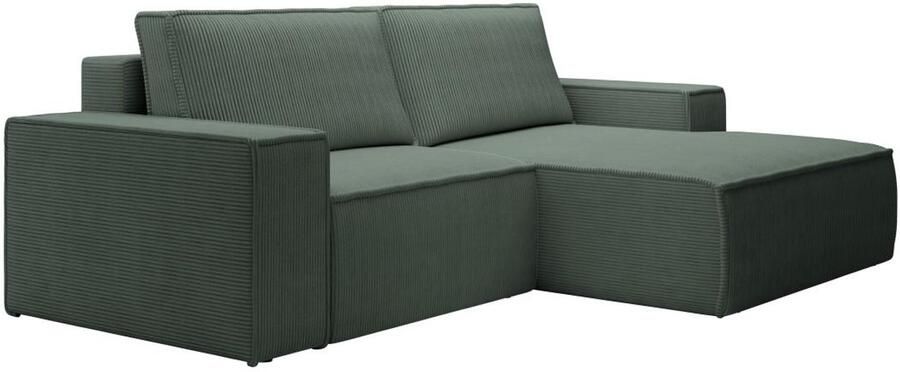 Vente-unique Kleine slaapbank met rechtse hoek in dennengroen ribfluweel AMELIA