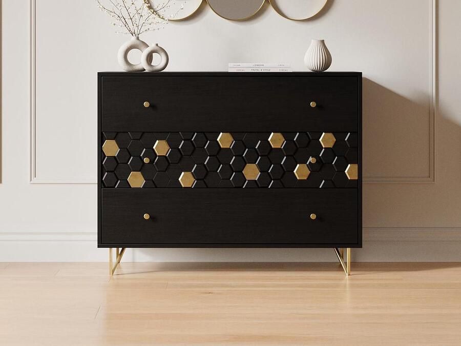 Vente-unique Ladekast 3 lades Mangohout en metaal Zwart en goudkleurig BELORI L 110 cm x H 85 cm x D 40 cm - Foto 2