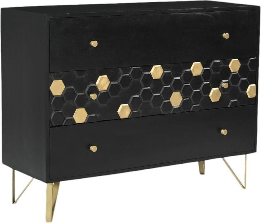 Vente-unique Ladekast 3 lades Mangohout en metaal Zwart en goudkleurig BELORI L 110 cm x H 85 cm x D 40 cm - Foto 3