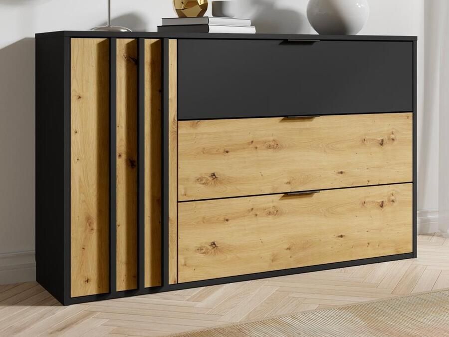 Vente-unique Ladekast met 3 lades en 1 deurtje Naturel en zwart TUNALO L 125 cm x H 79.7 cm x D 36.5 cm