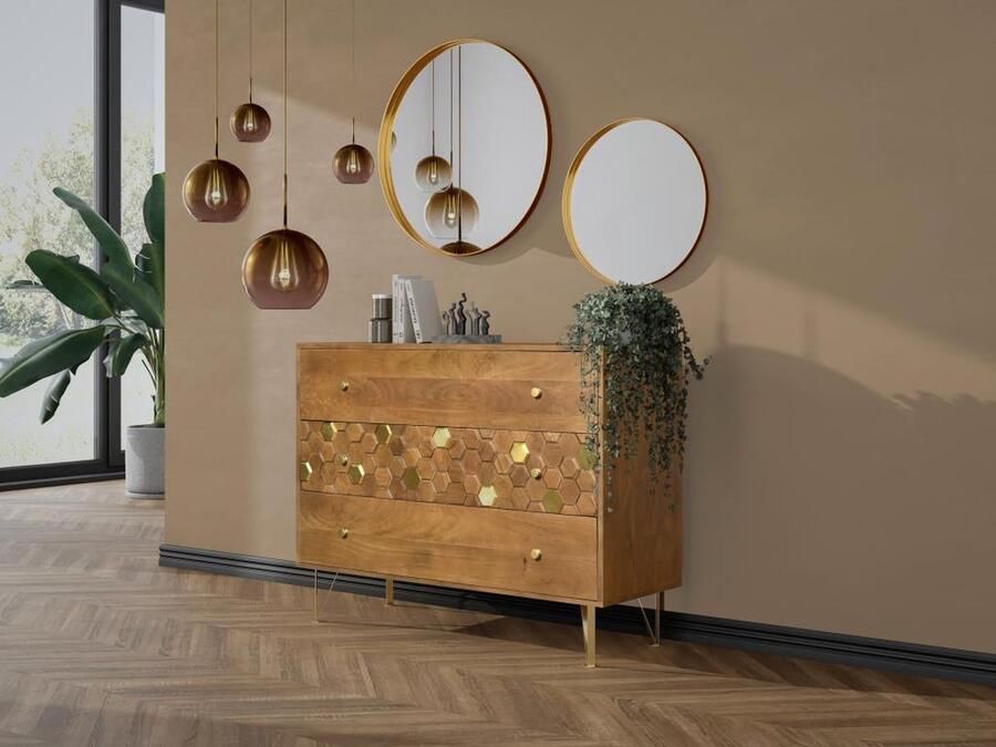 Vente-unique Ladekast met 3 lades Mangohout en metaal Naturel en goud BELORI L 110 cm x H 85 cm x D 40 cm