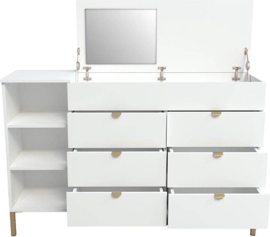 Vente-unique Ladekast met 6 lades 3 nissen en 1 opbergruimte Met spiegel Wit en goudkleurig ONISHA L 140 cm x H 90.2 cm x D 42 cm