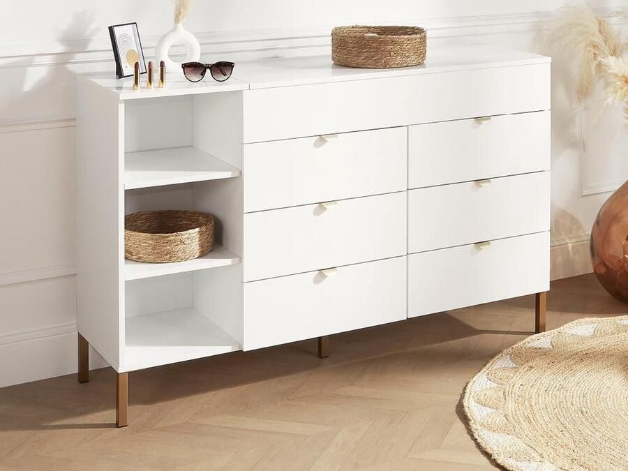 Vente-unique Ladekast met 6 lades 3 nissen en 1 opbergruimte Met spiegel Wit en goudkleurig ONISHA L 140 cm x H 90.2 cm x D 42 cm - Foto 2