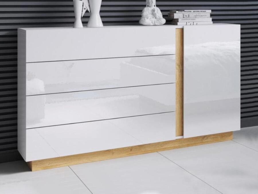 Vente-unique Ladekast MURARI 4 laden en 1 deur Wit en eiken L 138.2 cm x H 90.5 cm x D 40 cm