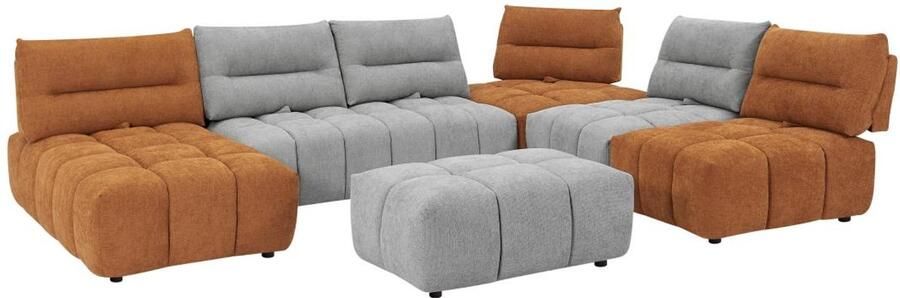 Vente-unique Moduleerbare brede hoekbank en poef met schuivende rugleuning van lichtgrijze en terracottakleurige stof met textuur APOLIU L 370 cm x H 93 cm x D 270 cm