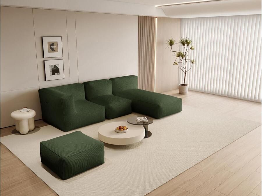 Vente-unique Moduleerbare hoekbank met poef van groen ribfluweel NOUMARA L 260 cm x H 80 cm x D 175 cm