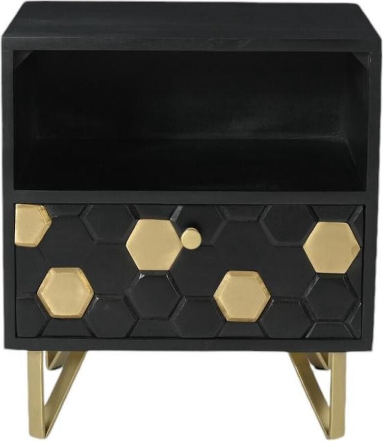 Vente-unique Nachtkastje 1 lade en 1 nis Mangohout en metaal Zwart en goudkleurig BELORI L 45 cm x H 50 cm x D 38 cm