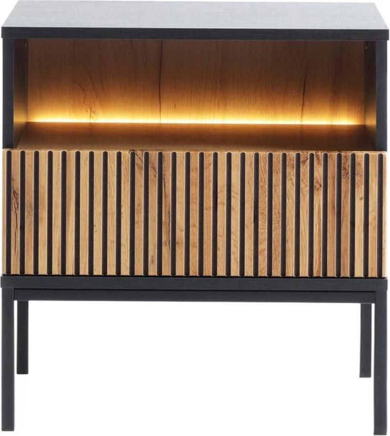Vente-unique Nachtkastje 1 lade en 1 nis Met ledverlichting Zwart en naturel OVILA L 53.6 cm x H 56.2 cm x D 39 cm