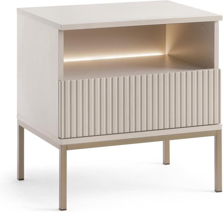 Vente-unique Nachtkastje met 1 lade en 1 nis Met ledverlichting Mdf en gerookt glas Beige OVILA L 53.6 cm x H 56.2 cm x D 39 cm