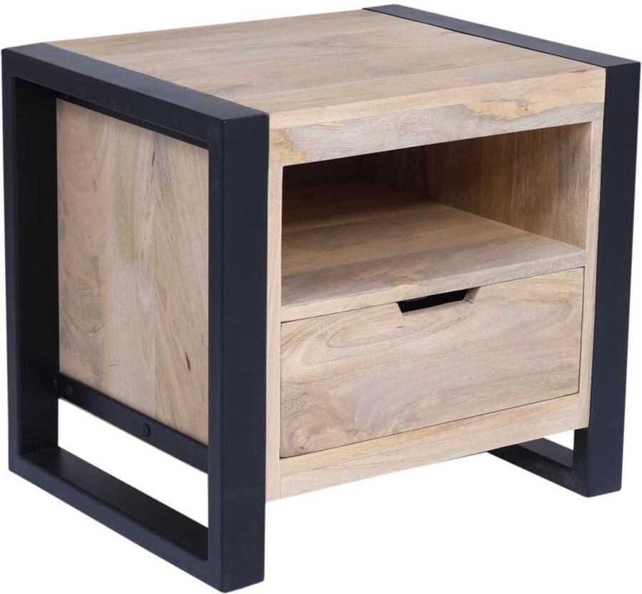 Vente-unique Nachtkastje met 1 lade en 1 vak Mangohout en metaal houtlook en zwart HARLEM II L 50 cm x H 45 cm x D 40 cm - Foto 2