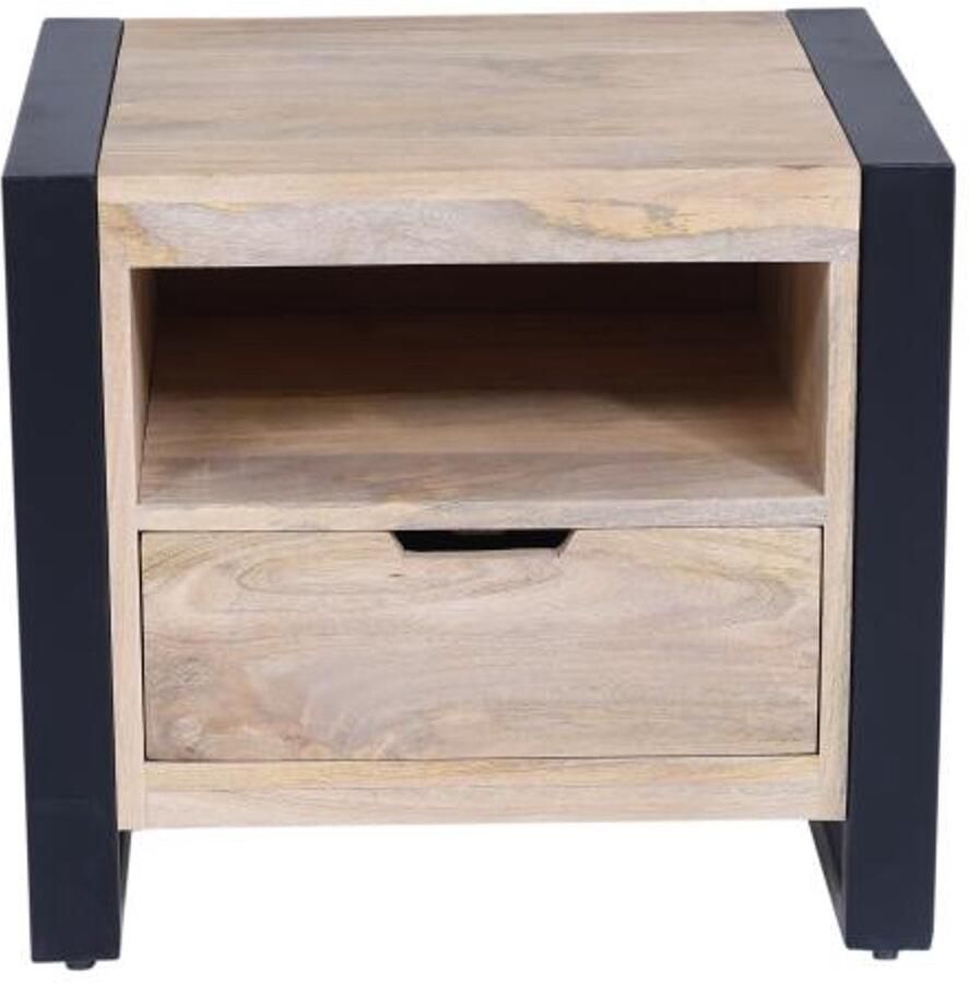 Vente-unique Nachtkastje met 1 lade en 1 vak Mangohout en metaal houtlook en zwart HARLEM II L 50 cm x H 45 cm x D 40 cm