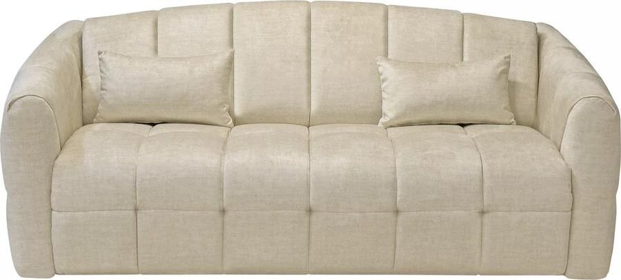 Vente-unique [NEW VERSION]Express-driezitsslaapbank van beige velours Bed 140 cm Matras 14 cm met vormgeheugen RETUNA L 200 cm x H 90 cm x D 208 cm