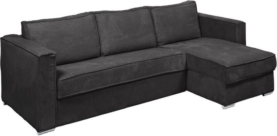 Vente-unique Omkeerbare express-hoekslaapbank van antracietgrijs ribfluweel Bed met brede latten 140 cm Matras 14 cm LORETO L 278 cm x H 90 cm x D 152 cm
