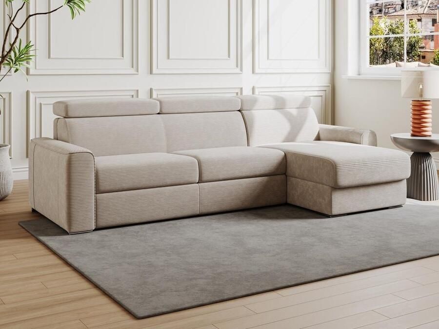 Vente-unique Hoekbank omkeerbaar en uitklapbaar in express fluwelen ribstof beige Slaapruimte 140 cm Matras 22 cm VIZIR L 258 cm x H 97 cm x D 152 cm