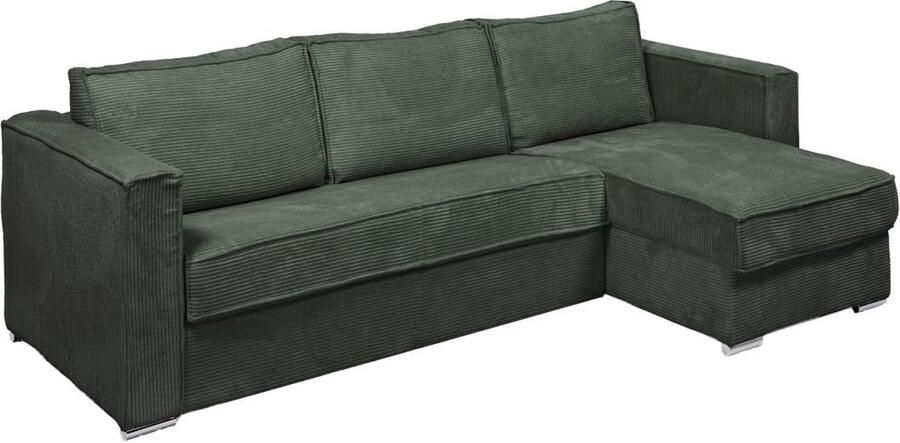 Vente-unique Omkeerbare express-hoekslaapbank van groen ribfluweel Bed 140 cm Matras 14 cm LORETO L 278 cm x H 90 cm x D 152 cm