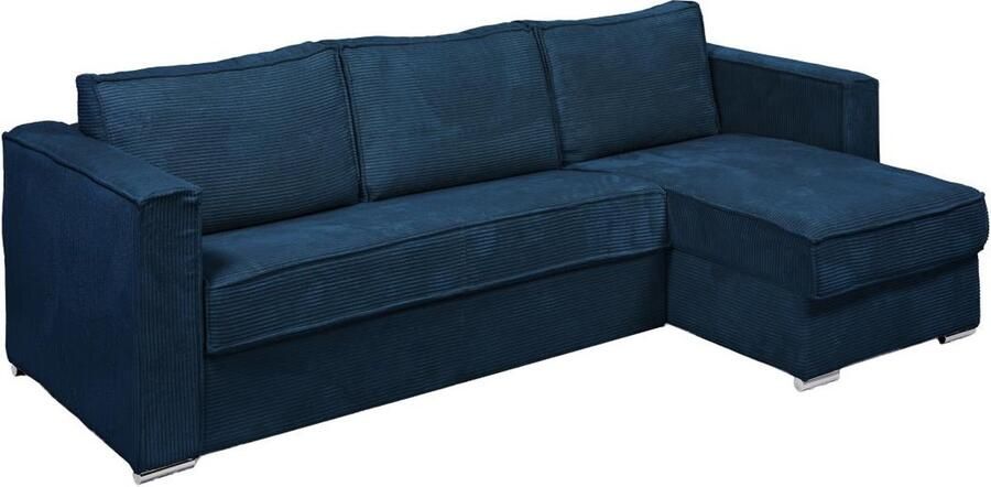 Vente-unique Omkeerbare express-slaapbank van nachtblauw ribfluweel Bed 140 cm Matras 14 cm LORETO L 278 cm x H 90 cm x D 152 cm