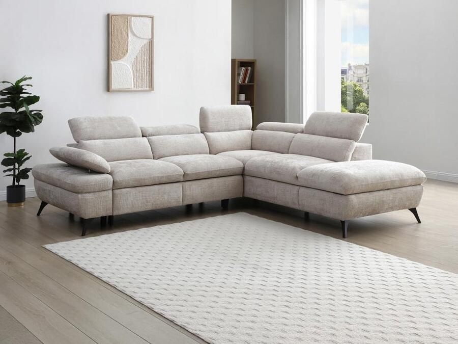 Vente-unique Omkeerbare hoekslaapbank met hoek rechts van beige stof met structuur SURDELI L 280 cm x H 79 cm x D 233 cm - Foto 2