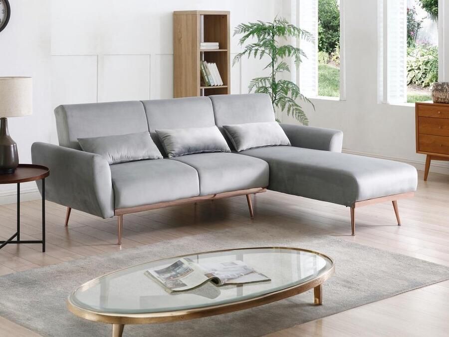 Vente-unique Omkeerbare hoekslaapbank van lichtgrijs velours LAUNEI L 221 cm x H 84 cm x D 163 cm