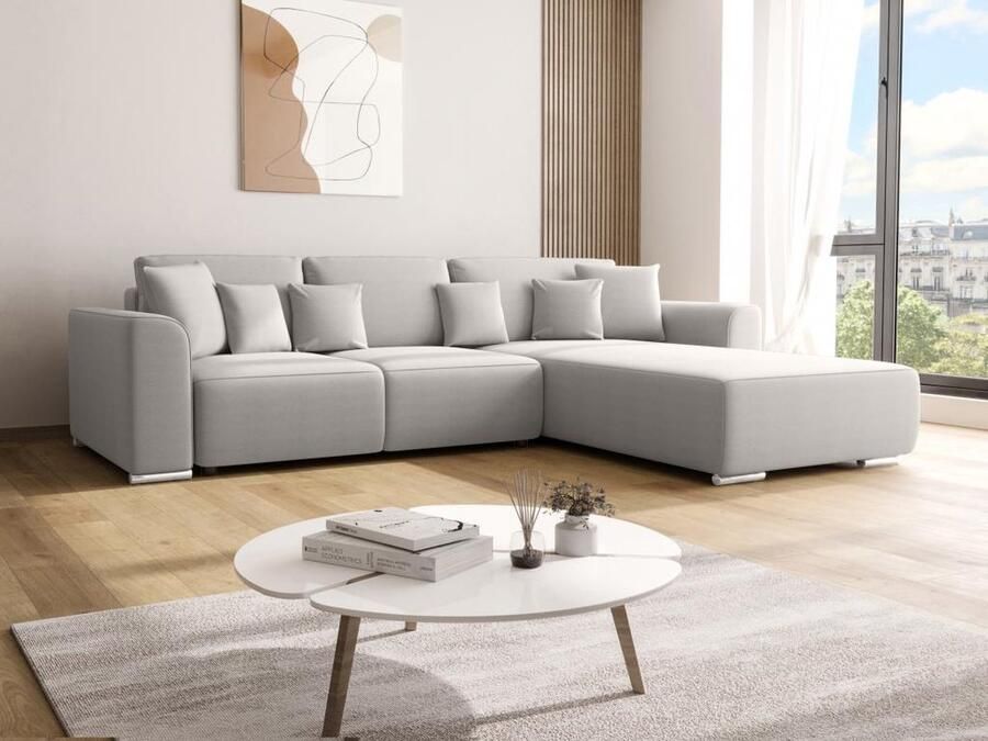 Vente-unique Hoekslaapbank omvormbaar en omkeerbaar in lichtgrijze stof MELTANA L 293 cm x H 84 cm x D 195 cm