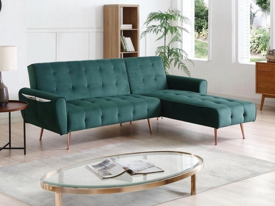 Vente-unique Omkeerbare hoekslaapbank van spargroen velours POLANI L 222 cm x H 84 cm x D 164 cm