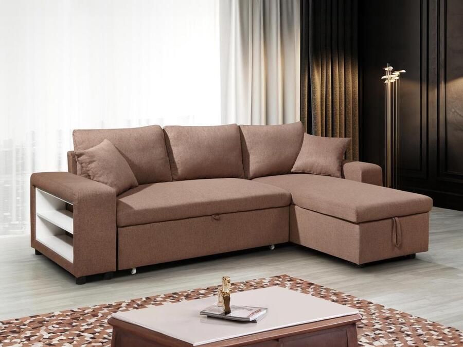 Vente-unique Omkeerbare hoekslaapbank van stof met opbergruimte en poefs Bruin SELIM L 240 cm x H 84 cm x D 145 cm