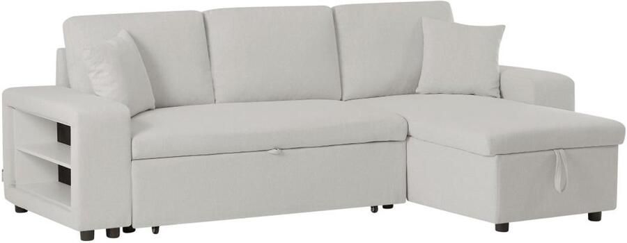 Vente-unique Omkeerbare slaaphoekbank met opbergruimte en poefs in beige stof SELIM