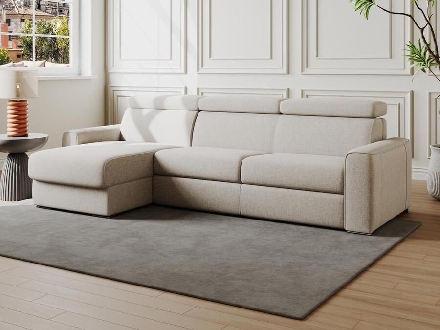Vente-unique Omkeerbare snel om te bouwen slaapbank met hoek in beige stof Bed van 140 cm Matras 14 cm VIZIR L 258 cm x H 85 cm x D 152 cm