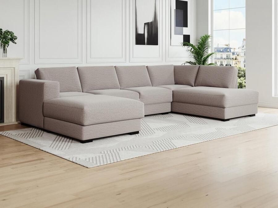 Vente-unique Panoramische hoekbank met hoek links van beige stof MESETA L 365 cm x H 87 cm x D 205 cm
