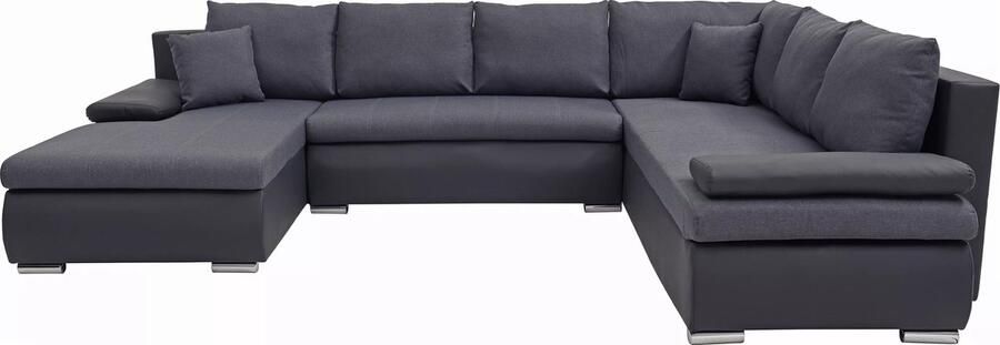 Vente-unique Panoramische hoekslaapbank met hoek links van zwart en antracietgrijs kunstleer en stof DAKOTA II L 320 cm x H 85 cm x D 250 cm