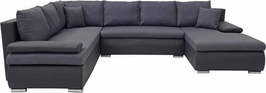 Vente-unique Panoramische hoekslaapbank met hoek rechts van zwart en antracietgrijs kunstleer en stof DAKOTA II L 320 cm x H 85 cm x D 250 cm