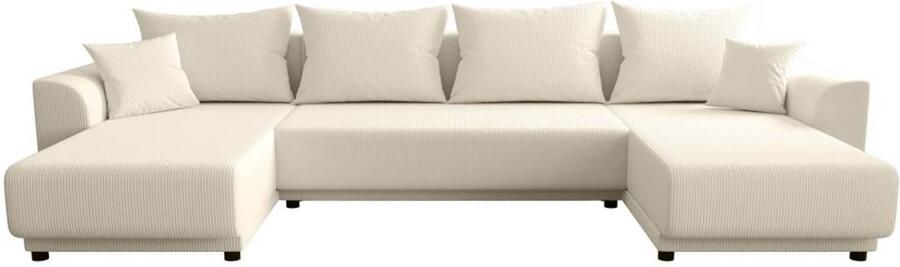 Vente-unique Panoramische hoekslaapbank van beige ribfluweel NESSARO