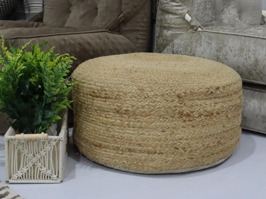 Vente-unique Poef van gevlochten rotan en katoen naturel KIRIGAN L 60 cm x H 60 cm x D 30 cm