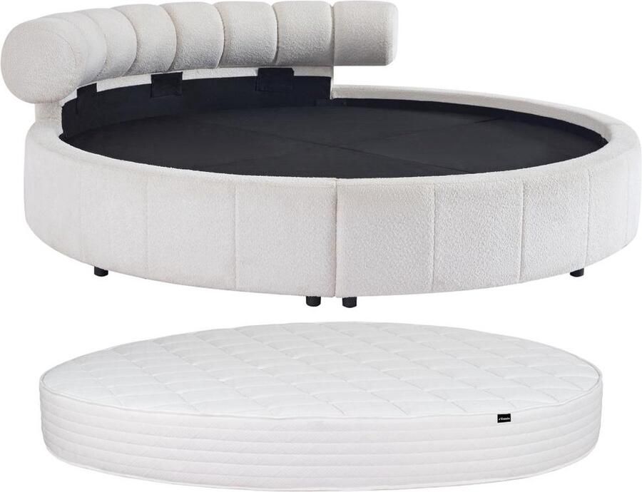 Vente-unique Rond bed 220 x 220 cm Boucléstof Wit + matras ROGILA L 245 cm x H 81 cm x D 255 cm