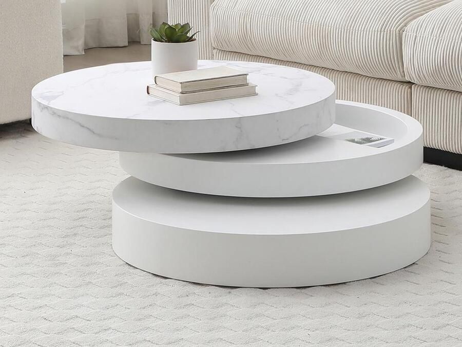 Vente-unique Ronde draaiende salontafel met 1 nis in MDF Witte marmerlook en witte lak JANITA L 80 cm x H 32.5 cm x D 80 cm