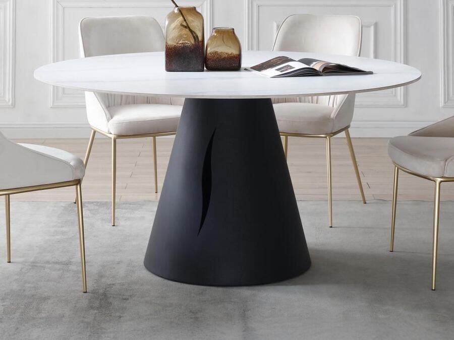 Vente-unique Ronde eettafel voor 6 personen in keramiek en metaal Look van wit marmer en zwart RONUDA L 150 cm x H 76 cm x D 150 cm