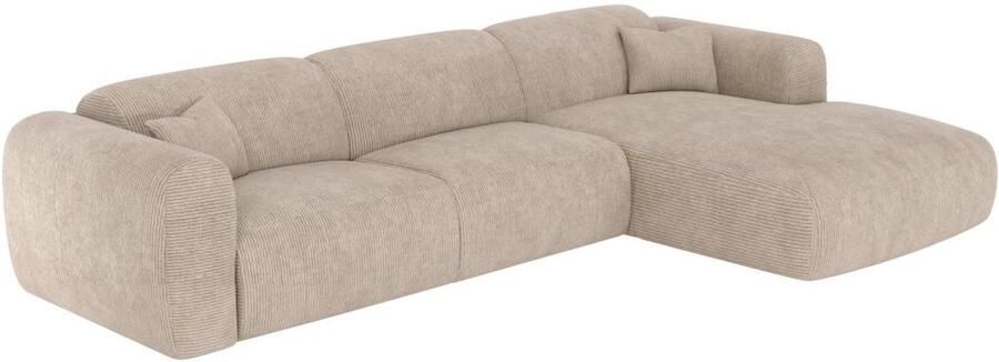 Vente-unique Ruime hoekbank met rechtse hoek en snel uitklapbare slaapbank ribfluweel stof in beige POGNI
