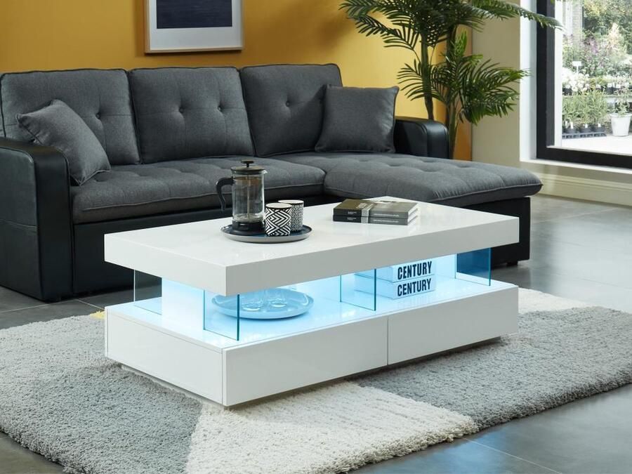 Vente-unique Salontafel FABIO Wit gelakt MDF LEDs 2 lades en 2 nissen L 120 cm x H 42 cm x D 60 cm