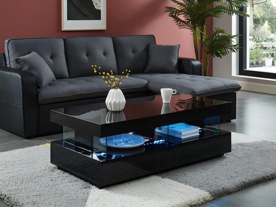 Vente-unique Salontafel FABIO Zwart gelakt MDF Met LEDs 2 lades en 2 nissen L 120 cm x H 42 cm x D 60 cm - Foto 2