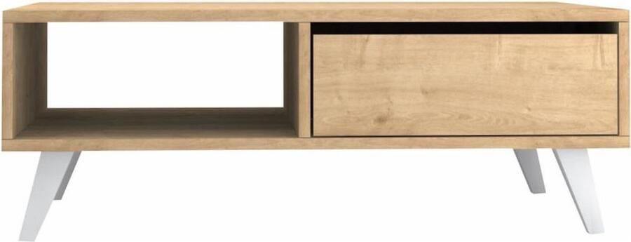 Vente-unique Salontafel met 1 deurtje en 2 nissen Naturel en wit SOLAMIA L 120 cm x H 40 cm x D 56 cm